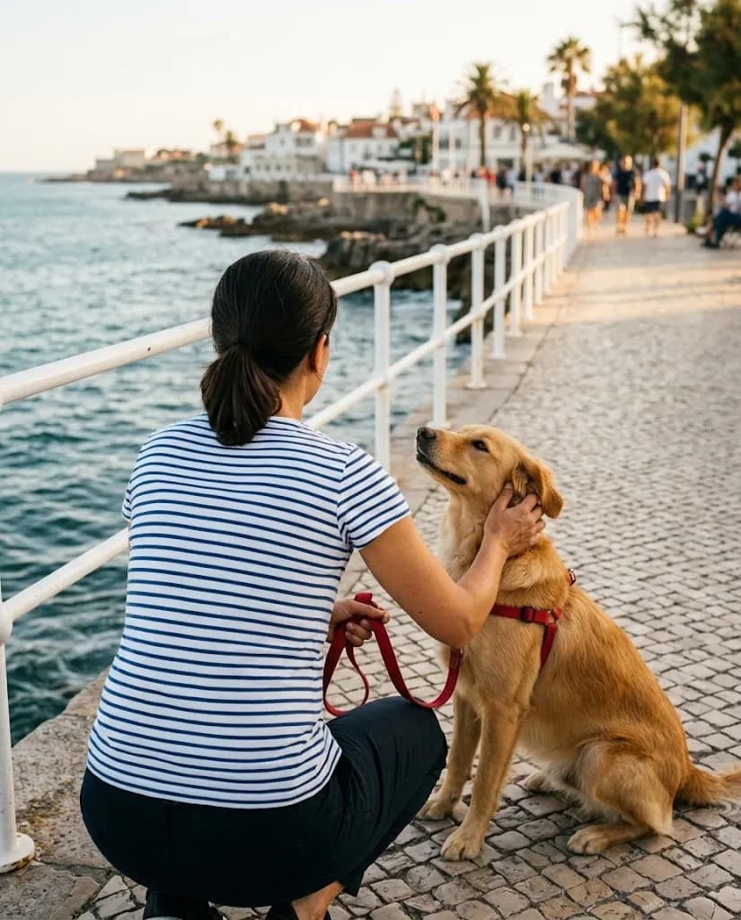 As mãos de uma mulher a segurar a trela de um cão, vista de costas