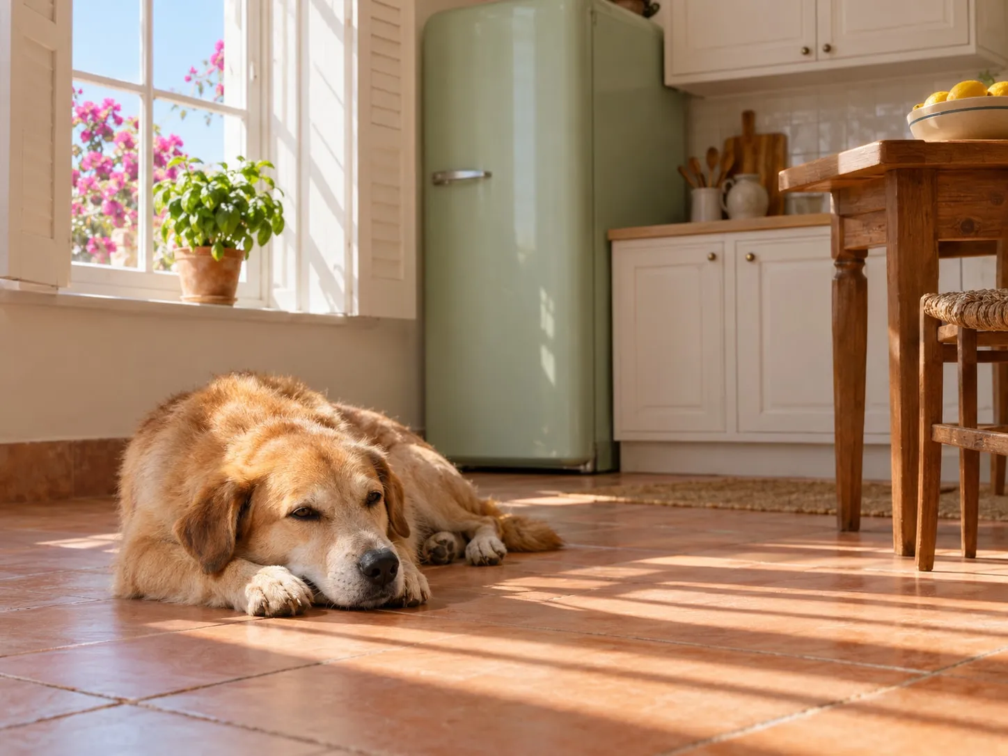 Um cão a descansar no chão de tijoleira de uma cozinha soalheira no Estoril