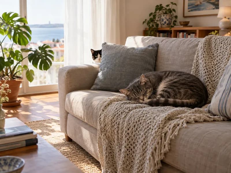 Um gato enroscado num sofá numa sala luminosa